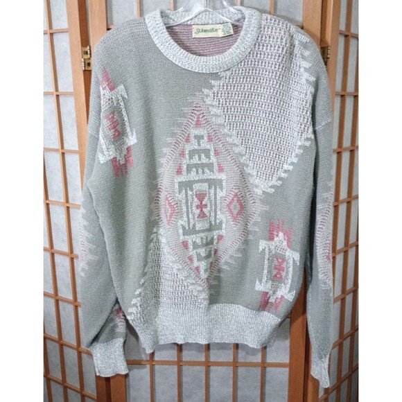 St Johns Bay Southwest Knit Sweater L 42-44 Gray 100% Cotton USA Vintage - Picture 1 of 11